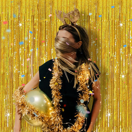 3 Pack Gold Backdrop Birthday Decorations Foil Curtain Streamers Dance Party Photo Booth Props for Bachelorette Christmas Halloween New Years Eve Supplies -
