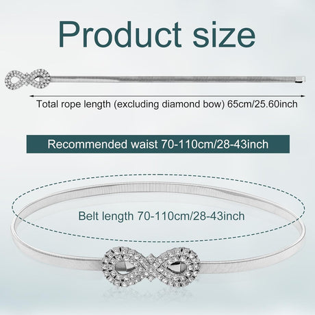 Metal Bow Belt, Women's Rhinestone Belt Silver Waist Stretchy Bow-Knot Chain Shinny Waistband Tie Rope for Dresses Jeans Gift -