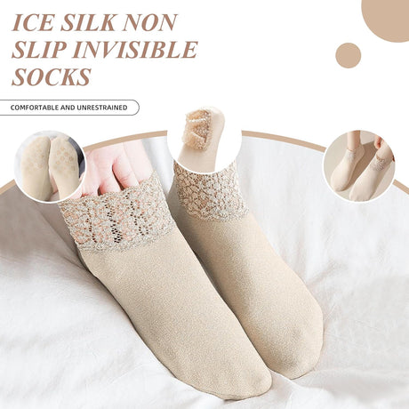 3Pairs Lace Socks No Show Frilly Ankle Knit Cotton Non Slip Low Cut for Women Floor Beige One Size
