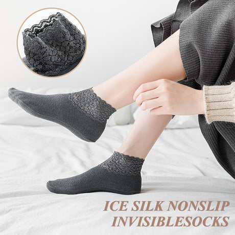 3Pairs Lace Socks No Show Frilly Ankle Knit Cotton Non Slip Low Cut for Women Floor Beige One Size
