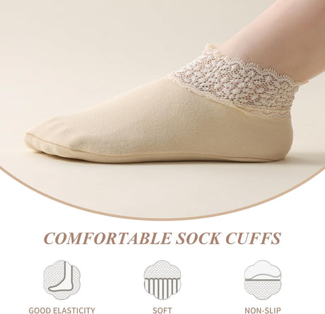 3Pairs Lace Socks No Show Frilly Ankle Knit Cotton Non Slip Low Cut for Women Floor Beige One Size