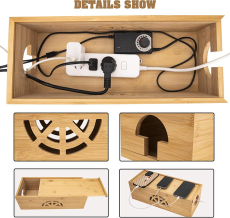 Cable Management Box,Cord Organizer Box,Bamboo Box for fit Desk Computer USB Behind TV Home Hall Power -