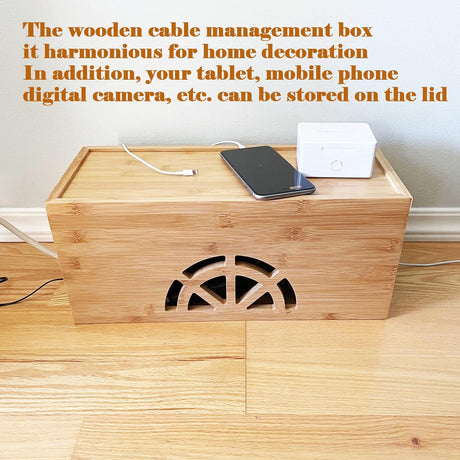 Cable Management Box,Cord Organizer Box,Bamboo Box for fit Desk Computer USB Behind TV Home Hall Power -