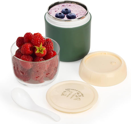 2 Pack Insulated Yogurt Container, 24oz Breakfast On the Go Cup with Plastic Topping Cereal Oatmeal Cup, 2-in-1 Food Storage Jar Lid and Spoon, Overnight Oats Container for Soup Lunch