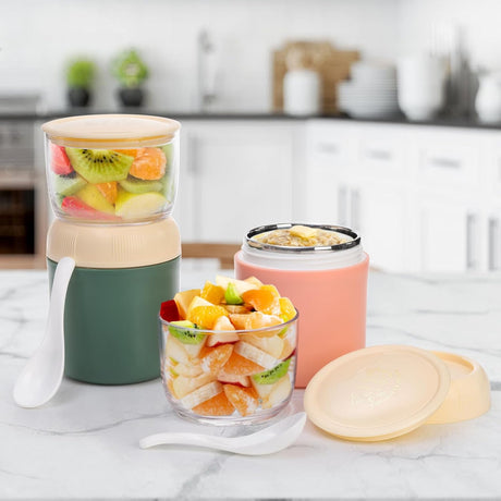 2 Pack Insulated Yogurt Container, 24oz Breakfast On the Go Cup with Plastic Topping Cereal Oatmeal Cup, 2-in-1 Food Storage Jar Lid and Spoon, Overnight Oats Container for Soup Lunch