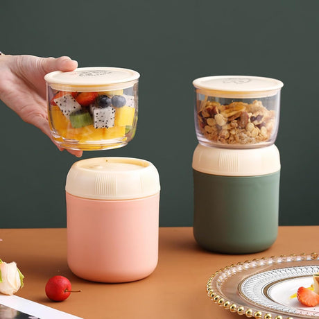 2 Pack Insulated Yogurt Container, 24oz Breakfast On the Go Cup with Plastic Topping Cereal Oatmeal Cup, 2-in-1 Food Storage Jar Lid and Spoon, Overnight Oats Container for Soup Lunch