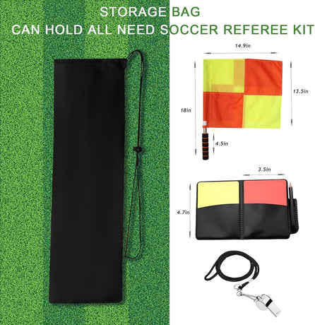 Soccer referee set - 2-piece blocked soccer flag - Red and yellow referee cards - With storage bag - Stainless steel whistle with black lanyard