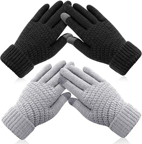 Winter gloves - Fleece gloves - Warm - Soft - Touchscreen gloves - Ladies' winter gloves - Suitable for cold weather - Knitted gloves - 2 pairs - Black gloves - Grey gloves
