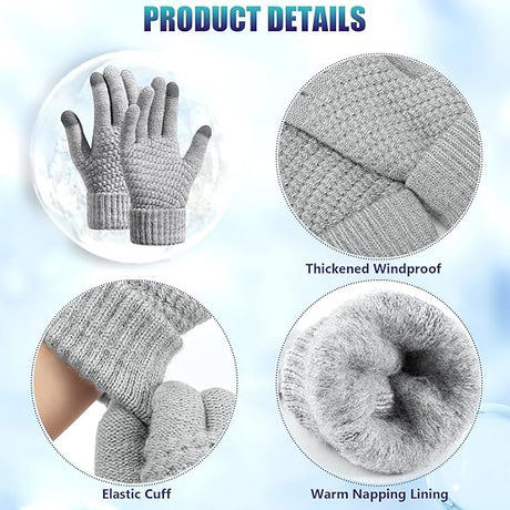 Winter gloves - Fleece gloves - Warm - Soft - Touchscreen gloves - Ladies' winter gloves - Suitable for cold weather - Knitted gloves - 2 pairs - Black gloves - Grey gloves