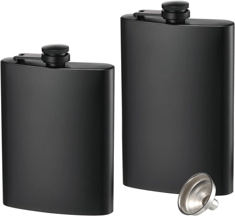 2-pack hip flasks, 8oz and 12oz stainless steel leak-proof slim hip flasks with funnel for men and women (matte black)