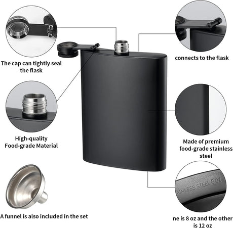 2-pack hip flasks, 8oz and 12oz stainless steel leak-proof slim hip flasks with funnel for men and women (matte black)