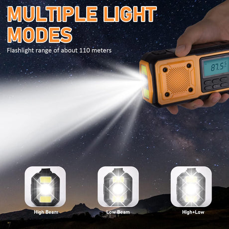 Hand-crank emergency radio - Portable AM/FM and shortwave radio - Supports charging via solar power/USB/hand crank - Equipped with a 4000 mAh rechargeable battery - Flashlight - Reading light and SOS emergency signal - Suitable for survival - Hiking and s