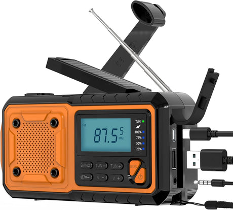 Hand-crank emergency radio - Portable AM/FM and shortwave radio - Supports charging via solar power/USB/hand crank - Equipped with a 4000 mAh rechargeable battery - Flashlight - Reading light and SOS emergency signal - Suitable for survival - Hiking and s