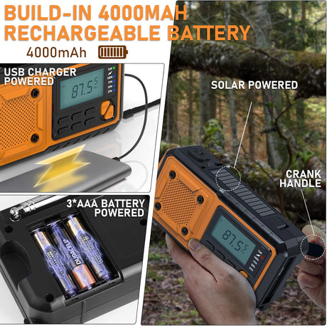 Hand-crank emergency radio - Portable AM/FM and shortwave radio - Supports charging via solar power/USB/hand crank - Equipped with a 4000 mAh rechargeable battery - Flashlight - Reading light and SOS emergency signal - Suitable for survival - Hiking and s