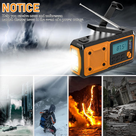Hand-crank emergency radio - Portable AM/FM and shortwave radio - Supports charging via solar power/USB/hand crank - Equipped with a 4000 mAh rechargeable battery - Flashlight - Reading light and SOS emergency signal - Suitable for survival - Hiking and s