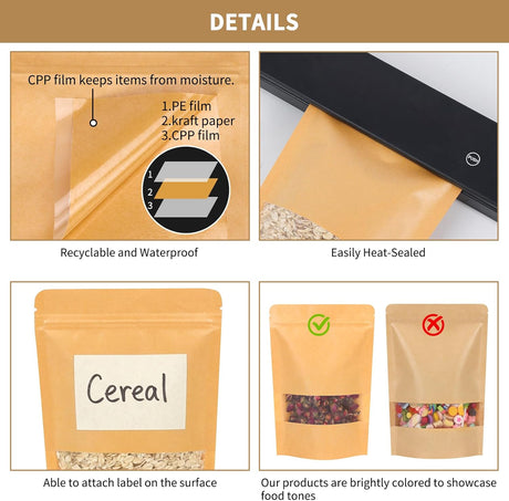 Moretoes 72pcs 5.9x8.6 Inches Kraft Paper Resealable Bags for Small Business, Stand Up Pouches, Food Packaging Bags with Window, Ziplock Coffee Pouches for Small Business