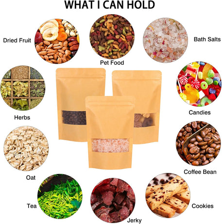 Moretoes 72pcs 5.9x8.6 Inches Kraft Paper Resealable Bags for Small Business, Stand Up Pouches, Food Packaging Bags with Window, Ziplock Coffee Pouches for Small Business