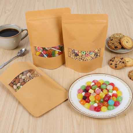 Moretoes 72pcs 5.9x8.6 Inches Kraft Paper Resealable Bags for Small Business, Stand Up Pouches, Food Packaging Bags with Window, Ziplock Coffee Pouches for Small Business