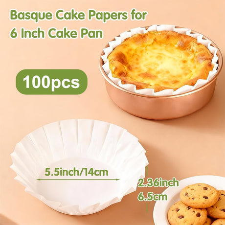 YQL 100PCS 6 Inch Disposable Basque Cake Liners, Non-Stick Parchment Baking Cups for Cheesecake, Muffin, Cupcake, Heat-Resistant Wrappers for Oven, Air Fryer, Microwave, White
