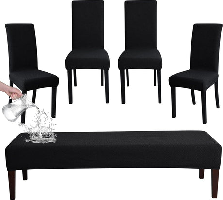 FORCHEER Dining Chair Covers and Bench Covers Set Waterproof Black Jacquard 4 Dining Room Chair and Bench Slipcover Washable