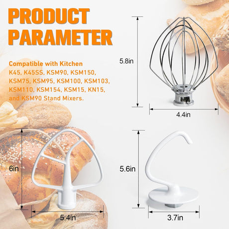 Mixers Accessories K45WW Wire Whip K45DH Dough Hook K45B Coated lat Blade Paddle with Scraper Replacement or Kitchen Tilt-Head Aid Stand Mixer Attachments- Stainless Steel