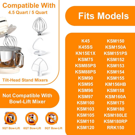 Mixers Accessories K45WW Wire Whip K45DH Dough Hook K45B Coated lat Blade Paddle with Scraper Replacement or Kitchen Tilt-Head Aid Stand Mixer Attachments- Stainless Steel