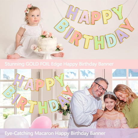 Happy Birthday Banner - 9ft Pre-Strung Happy Birthday Sign for Women, Men, Girls, Boys - No DIY Birthday Decorations & Party Supplies(Macaron)