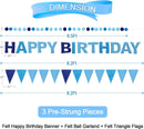 Pre-Strung Happy Birthday Banner & Felt Garland Set - Ombre Blue Birthday Decorations for Women Men Boys Girls | Reusable Party Supplies for Indoor & Outdoor