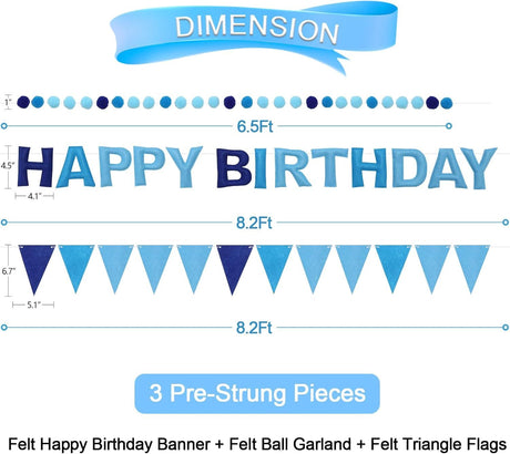 Pre-Strung Happy Birthday Banner & Felt Garland Set - Ombre Blue Birthday Decorations for Women Men Boys Girls | Reusable Party Supplies for Indoor & Outdoor