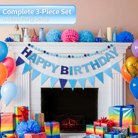 Pre-Strung Happy Birthday Banner & Felt Garland Set - Ombre Blue Birthday Decorations for Women Men Boys Girls | Reusable Party Supplies for Indoor & Outdoor