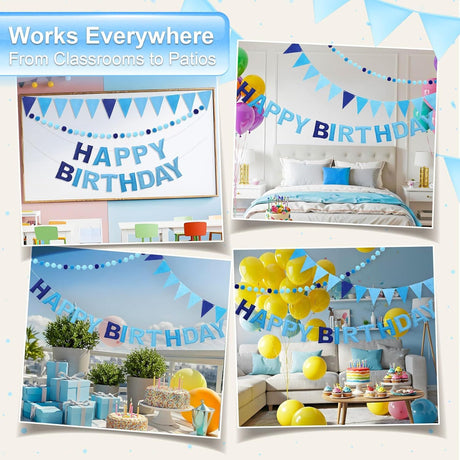 Pre-Strung Happy Birthday Banner & Felt Garland Set - Ombre Blue Birthday Decorations for Women Men Boys Girls | Reusable Party Supplies for Indoor & Outdoor