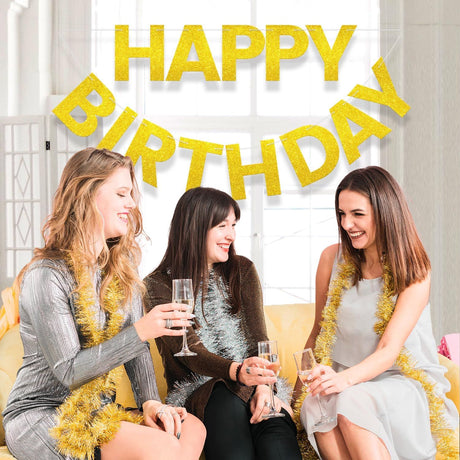 Happy Birthday Banner - 9 ft Pre-Strung Backdrop Sign for Women, Men, Girls, Boys - No DIY Gold Glitter Birthday Decorations & Party Supplies