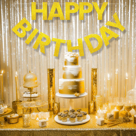 Happy Birthday Banner - 9 ft Pre-Strung Backdrop Sign for Women, Men, Girls, Boys - No DIY Gold Glitter Birthday Decorations & Party Supplies