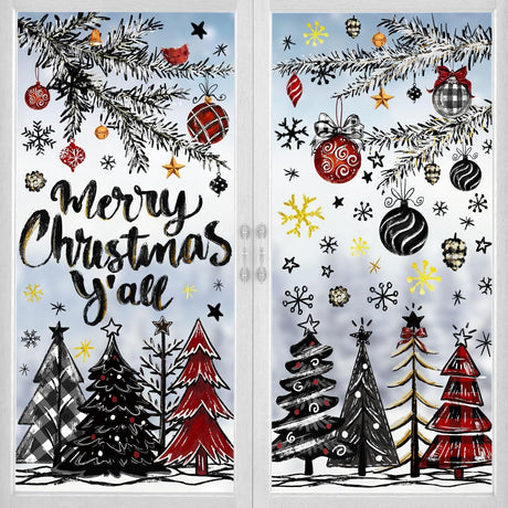 136 PCS Christmas Window Clings Stickers Winter Snowflakes Merry Christmas Tree Pine Branches Window Decals for Xmas Party Home Holiday Shop Glass Display Decoration