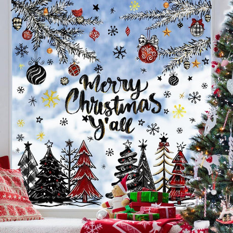 136 PCS Christmas Window Clings Stickers Winter Snowflakes Merry Christmas Tree Pine Branches Window Decals for Xmas Party Home Holiday Shop Glass Display Decoration