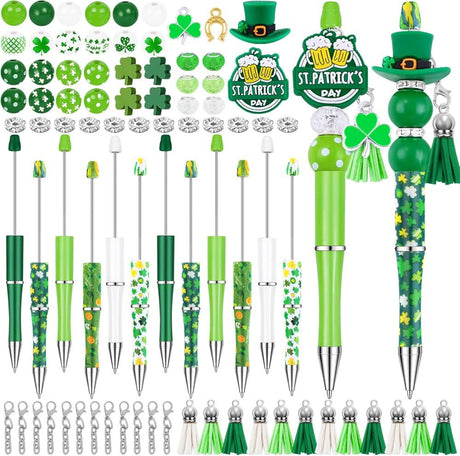 12 Set St Patricks Day Beadable Pens Plastic Bead Pens Clover Green Bulk Ballpoint DIY Crafting Pens Making Kit with Pendants Lobster Clasps for Students Teens School Office Supplies