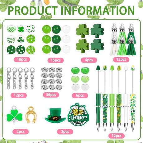 12 Set St Patricks Day Beadable Pens Plastic Bead Pens Clover Green Bulk Ballpoint DIY Crafting Pens Making Kit with Pendants Lobster Clasps for Students Teens School Office Supplies