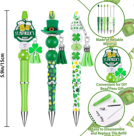 12 Set St Patricks Day Beadable Pens Plastic Bead Pens Clover Green Bulk Ballpoint DIY Crafting Pens Making Kit with Pendants Lobster Clasps for Students Teens School Office Supplies