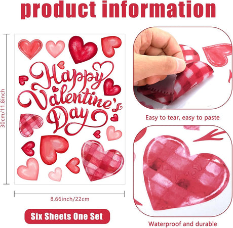 6 Valentine's Day Window Clings Valentine Window Decors Pink Hearts-Shape Tree Truck Happy Valentine’s Day Glass Stickers Decal Double Sided for Home Kitchen Decorations Party Supplies