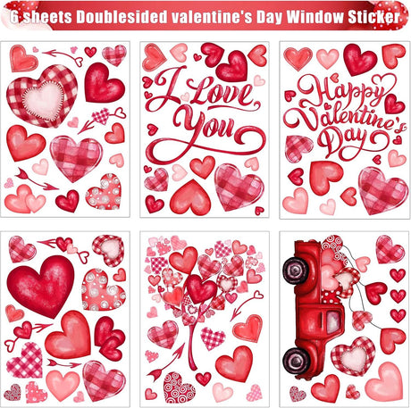 6 Valentine's Day Window Clings Valentine Window Decors Pink Hearts-Shape Tree Truck Happy Valentine’s Day Glass Stickers Decal Double Sided for Home Kitchen Decorations Party Supplies