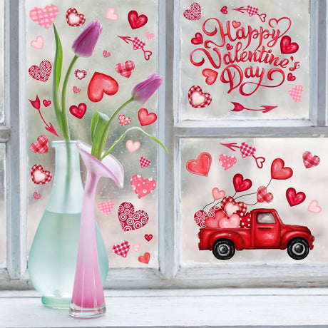 6 Valentine's Day Window Clings Valentine Window Decors Pink Hearts-Shape Tree Truck Happy Valentine’s Day Glass Stickers Decal Double Sided for Home Kitchen Decorations Party Supplies