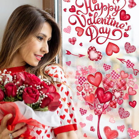 6 Valentine's Day Window Clings Valentine Window Decors Pink Hearts-Shape Tree Truck Happy Valentine’s Day Glass Stickers Decal Double Sided for Home Kitchen Decorations Party Supplies