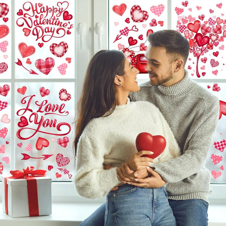 6 Valentine's Day Window Clings Valentine Window Decors Pink Hearts-Shape Tree Truck Happy Valentine’s Day Glass Stickers Decal Double Sided for Home Kitchen Decorations Party Supplies