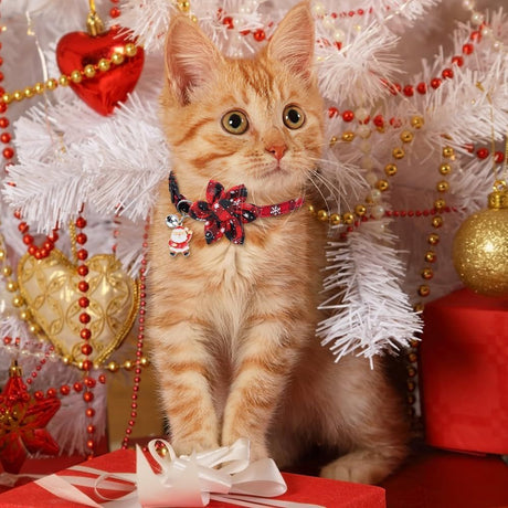 3 Pack Cat Collars, Christmas Flower Kitten Collars with Adjustable Breakaway Bow Tie Bell Plaid Snowflake Xmas Pet Supplies for Cats