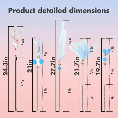 Cat Wand Toys, 5Pcs Interactive Kitten Feather Wand Toys for Bored Indoor Cats, Cat Teaser Wand with Bell and Crinkly Paper, Blue