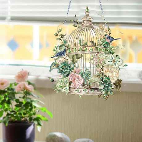 Diamond Art Painting Hanging Pendant Kit,DIY Flower Birdcage Crystal Art Hanging Sign,Diamond Window Hanging Wreath Ornament for Home Decor and Gift (366)