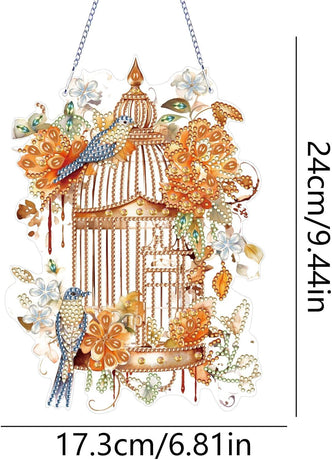 Diamond Art Painting Hanging Pendant Kit,DIY Flower Birdcage Crystal Art Hanging Sign,Diamond Window Hanging Wreath Ornament for Home Decor (365), MHL-35