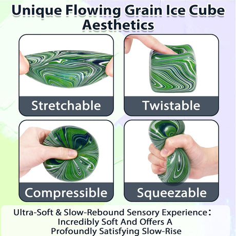 Large Veined Ice Cube Squishy Toy, 7cm (2.76 Inch) Big Stress Cube, Soft Sensory Fidget Toy for Anxiety Relief and Focus for Youth Adults, Squishy Ball (Green)