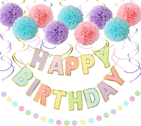 Macaron Birthday Decorations - 20-Pc Set with Pre-Strung Happy Birthday Banner, Tissue Paper, Garland, Swirls | Pastel Party Supplies for Women Girls Baby Shower, Adults Birthday Party Decor