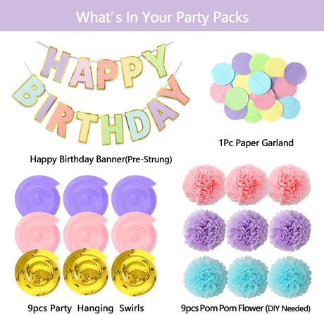 Macaron Birthday Decorations - 20-Pc Set with Pre-Strung Happy Birthday Banner, Tissue Paper, Garland, Swirls | Pastel Party Supplies for Women Girls Baby Shower, Adults Birthday Party Decor